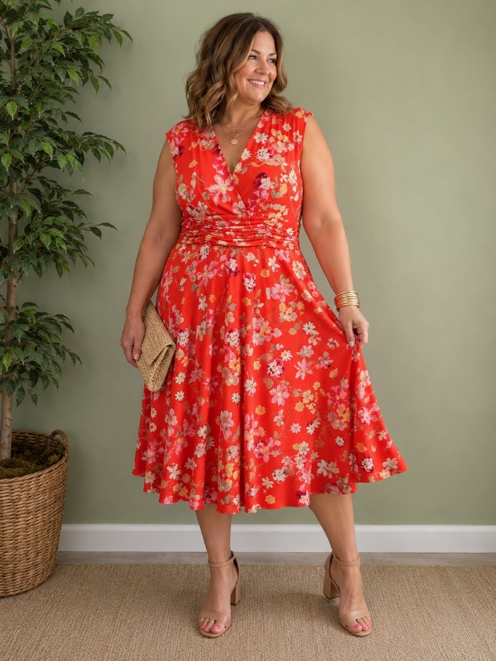 Jessica Howard Red Floral Midi Dress